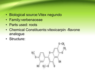 • Biological source:Vitex negundo
• Family:verbenaceae
• Parts used: roots
• Chemical Constituents:vitexicarpin -flavone
analogue
• Structure:
 