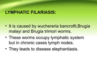 LYMPHATIC FILARIASIS:
• It is caused by wuchereria bancrofti,Brugia
malayi and Brugia trimori worms.
• These worms occupy lymphatic system
but in chronic cases lymph nodes.
• They leads to disease elephantiasis.
 