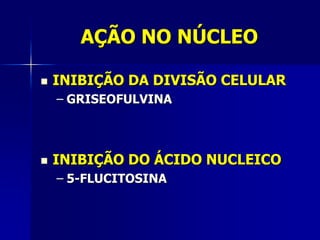 AÇÃO NO NÚCLEO

   INIBIÇÃO DA DIVISÃO CELULAR
    – GRISEOFULVINA



   INIBIÇÃO DO ÁCIDO NUCLEICO
    – 5-FLUCITOSINA
 
