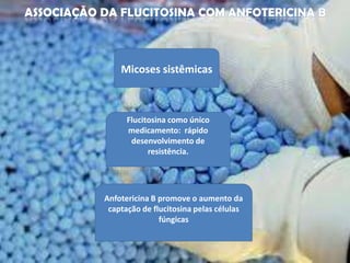 Micoses sistêmicas



      Flucitosina como único
      medicamento: rápido
       desenvolvimento de
            resistência.




Anfotericina B promove o aumento da
 captação de flucitosina pelas células
               fúngicas
 