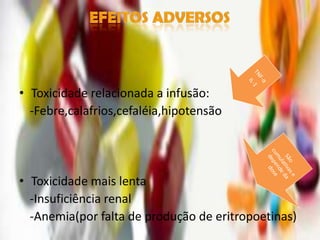 • Toxicidade relacionada a infusão:
  -Febre,calafrios,cefaléia,hipotensão




• Toxicidade mais lenta
  -Insuficiência renal
  -Anemia(por falta de produção de eritropoetinas)
 