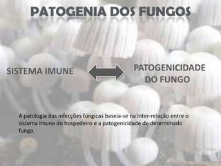 SISTEMA IMUNE                                   PATOGENICIDADE
                                                  DO FUNGO


  A patologia das infecções fúngicas baseia-se na inter-relação entre o
  sistema imune do hospedeiro e a patogenicidade de determinado
  fungo.
 