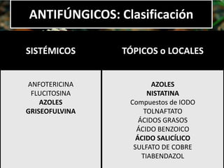 SISTÉMICOS TÓPICOS o LOCALES
ANFOTERICINA
FLUCITOSINA
AZOLES
GRISEOFULVINA
AZOLES
NISTATINA
Compuestos de IODO
TOLNAFTATO
ÁCIDOS GRASOS
ÁCIDO BENZOICO
ÁCIDO SALICÍLICO
SULFATO DE COBRE
TIABENDAZOL
ANTIFÚNGICOS: Clasificación
 