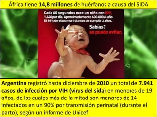 Argentina registró hasta diciembre de 2010 un total de 7.941
casos de infección por VIH (virus del sida) en menores de 19
años, de los cuales más de la mitad son menores de 14
infectados en un 90% por transmisión perinatal (durante el
parto), según un informe de Unicef
África tiene 14,8 millones de huérfanos a causa del SIDA
 