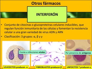 • Conjunto de citocinas o glucoproteínas celulares inducibles, que
regulan función inmunitaria de las células y fomentan la resistencia
celular a una gran variedad de virus ADN y ARN
• Clasificación: 3 grupos: α, β y γ
Otros fármacos
INTERFERÓN
LEUCOCITOS producen α FIBROBLASTOS producen β LINFOCITOS T producen γ
Frente a infecciones virales Por presencia de antígenos
 