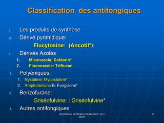Classification des antifongiques
I. Les produits de synthèse
II. Dérivé pyrimidique:
Flucytosine: (Ancotil*):
I. Dérivés Azolés
1. Miconazole: Daktarin*l
2. Fluconazole: Triflucan
1. Polyéniques:
1. Nystatine: Mycostatine*
2. Amphotericine B: Fungizone*
2. Benzofurane:
Griséofulvine: : Griséofulvine*
1. Autres antifongiques
DR DIDOUH MOSTAFA COURS IFCS 2012
ANTIF
13
 
