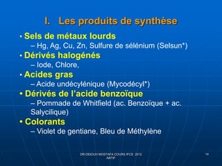 I. Les produits de synthèse
DR DIDOUH MOSTAFA COURS IFCS 2012
ANTIF
14
• Sels de métaux lourds
– Hg, Ag, Cu, Zn, Sulfure de sélénium (Selsun*)
• Dérivés halogénés
– Iode, Chlore,
• Acides gras
– Acide undécylénique (Mycodécyl*)
• Dérivés de l’acide benzoïque
– Pommade de Whitfield (ac. Benzoïque + ac.
Salycilique)
• Colorants
– Violet de gentiane, Bleu de Méthylène
 