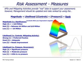 MIS Training Institute Session 13 - Slide 16
Risk Assessment - Measures
KPIs and Mitigating Activities provide “real” data to support your assessment;
however, Management should be updated and risks ranked by using the…
Magnitude (i.e. Significance):
High (3) = > $10 Million
Med (2) = Between $4 Million and $10 Million
Low (1) = < $4 Million
Likelihood (i.e. Controls, Mitigating Activity):
Strong (1) = Preferred Practice
Good (2) = Adequate
Low (3) = Needs Improvement
Likelihood (i.e. Pressure, Occurrence):
High (3) = Significant pressure
Med (2) = Moderate pressure
Low (1) = Little to no pressure
Magnitude + Likelihood [(Controls) + (Pressure)] = Rank
$s should reflect your Organization’s Appetite
 