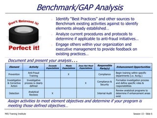 MIS Training Institute Session 13 - Slide 6
Benchmark/GAP Analysis
Identify “Best Practices” and other sources to
Benchmark existing activities against to identify
elements already established…
Analyze current procedures and protocols to
determine if applicable to anti-fraud initiatives…
Engage others within your organization and
executive management to provide feedback on
existing practices…
Document and present your analysis…
Element Activity
Exceeds
Expectations
Meets
Expectations
Does Not Meet
Expectations
Responsible
Party(s)
Enhancement Opportunities
Prevention
Anti-Fraud
Training
X Compliance
Begin training within specific
departments (i.e. Acctg.)
Investigation
& Corrective
Action
Investigative
process is clearly
defined
X
Compliance &
Security
Formalize investigation process
and define specific roles &
responsibilities
Detection
Analytical
Reviews
X Internal Audit
Review analytical programs to
determine if enhancement areas
exist
Assign activities to meet element objectives and determine if your program is
meeting those defined objectives…
 