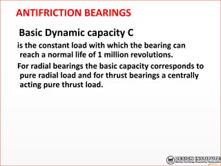 ANTIFRICTION BEARINGS
Basic Dynamic capacity C
is the constant load with which the bearing can
reach a normal life of 1 million revolutions.
For radial bearings the basic capacity corresponds to
pure radial load and for thrust bearings a centrally
acting pure thrust load.
 