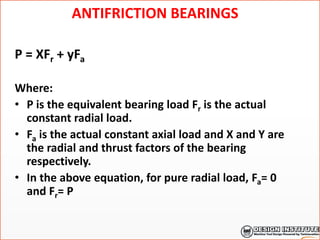 ANTIFRICTION BEARINGS
P = XFr + yFa
Where:
• P is the equivalent bearing load Fr is the actual
constant radial load.
• Fa is the actual constant axial load and X and Y are
the radial and thrust factors of the bearing
respectively.
• In the above equation, for pure radial load, Fa= 0
and Fr= P
 
