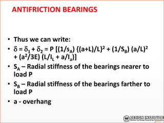 ANTIFRICTION BEARINGS
• Thus we can write:
•  = 1 + 2 = P [(1/sA) {(a+L)/L}2 + (1/SB) (a/L)2
+ (a2/3E) (L/IL + a/Ia)]
• SA – Radial stiffness of the bearings nearer to
load P
• SB – Radial stiffness of the bearings farther to
load P
• a - overhang
 