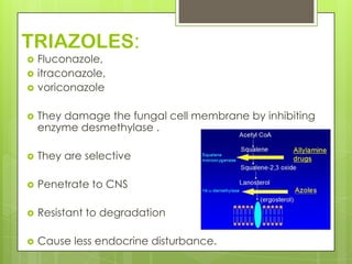 TRIAZOLES:




Fluconazole,
itraconazole,
voriconazole



They damage the fungal cell membrane by inhibiting
enzyme desmethylase .



They are selective



Penetrate to CNS



Resistant to degradation



Cause less endocrine disturbance.

 