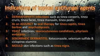 1. DERMATOPHYTE infections such as tinea corporis, tinea
cruris, tinea faciei, tinea manuum, tinea pedis.
2. As an ADJUNCT to oral therapy for tinea capitis, tinea
barbae and onychomycosis.
3. YEAST infections; mucocutaneous candidiasis, pityriasis
versicolor.
4. SEBORRHEIC DERMATITIS; Ketoconazole, selenium sulfide &
ciclopirox olamine.
5. MOULD skin infections such as tinea nigra.
 