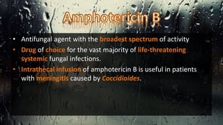 • Antifungal agent with the broadest spectrum of activity
• Drug of choice for the vast majority of life-threatening
systemic fungal infections.
• Intrathecal infusion of amphotericin B is useful in patients
with meningitis caused by Coccidioides.
 