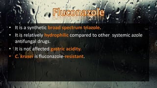 • It is a synthetic broad spectrum triazole.
• It is relatively hydrophilic compared to other systemic azole
antifungal drugs.
• It is not affected gastric acidity.
• C. krusei is fluconazole-resistant.
 