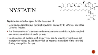 Nystatin is a valuable agent for the treatment of
▪ local and gastrointestinal monilial infections caused by C. albicans and other
Candida species.
▪ For the treatment of cutaneous and mucocutaneous candidiasis, it is supplied
as a cream, an ointment, and a powder
▪ Combinations of nystatin with tetracycline can be used to prevent monilial
overgrowth caused by the destruction of bacterial microflora of the intestine
during tetracycline therapy.
 