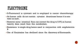 ▪ 5-Fluorouracil is cytotoxic and is employed in cancer chemotherapy.
▪ As human cells do not contain cytosine deaminase hence it is non-
toxic as such .
▪ However some intestinal flora can convert the drug to 5-FU, so human
toxicity does result from this metabolism.
▪ Resistance to single drug hence used in conjunction with amphotericin
B
▪ Use of flucytosine has declined since the discovery of fluconazole.
 