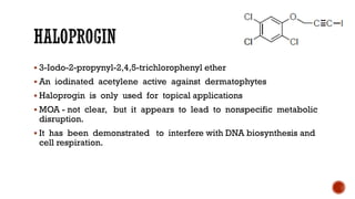 ▪ 3-Iodo-2-propynyl-2,4,5-trichlorophenyl ether
▪ An iodinated acetylene active against dermatophytes
▪ Haloprogin is only used for topical applications
▪ MOA - not clear, but it appears to lead to nonspecific metabolic
disruption.
▪ It has been demonstrated to interfere with DNA biosynthesis and
cell respiration.
 