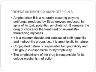 POLYENE ANTIBIOTICS: AMPHOTERICIN B
 Amphotericin B is a naturally occuring polyene
antifungal produced by Streptomyces nodosus. In
spite of its toxic potential, amphotericin B remains the
drug of choice for the treatment of several life-
threatening mycoses.
 It is a macromolecule and consists of both lipophilic
and hydrophilic groups i.e., it is amphiphilic in nature.
 Conjugated nature is responsible for lipophilicity and
OH group is responsible for hydrophilicity
 The amphiphilicity of the drug is responsible for its
unique mechanism of action
 