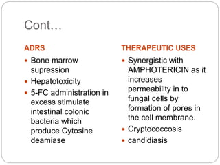 Cont…
ADRS THERAPEUTIC USES
 Bone marrow
supression
 Hepatotoxicity
 5-FC administration in
excess stimulate
intestinal colonic
bacteria which
produce Cytosine
deamiase
 Synergistic with
AMPHOTERICIN as it
increases
permeability in to
fungal cells by
formation of pores in
the cell membrane.
 Cryptococcosis
 candidiasis
 
