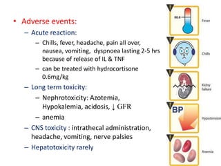 • Adverse events:
  – Acute reaction:
     – Chills, fever, headache, pain all over,
       nausea, vomiting, dyspnoea las...