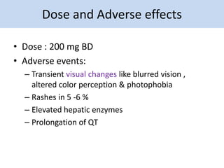 Adverse events and uses
 Adverse events:
   Nausea , vomiting , Diarrhoea
   Taste disturbances
   Rarely hepatic dysf...