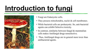 Introduction to fungi
• Fungi are Eukaryotic cells.
• They possess mitochondria, nuclei & cell membranes.
• While bacterial cells are prokaryotic. So, anti-bacterial
agents can exhibit Selective toxicity.
• In contrast, similarity between fungal & mammalian
cells makes Antifungal drugs nonselective.
• Thus, Antifungal drugs are in general more toxic than
antibacterial agents.
 
