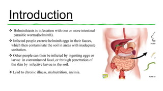 Introduction
 Helminthiasis is infestation with one or more intestinal
parasitic worms(helminth).
 Infected people excrete helminth eggs in their faeces,
which then contaminate the soil in areas with inadequate
sanitation.
 Other people can then be infected by ingesting eggs or
larvae in contaminated food, or through penetration of
the skin by infective larvae in the soil.
Lead to chronic illness, malnutrition, anemia.
 