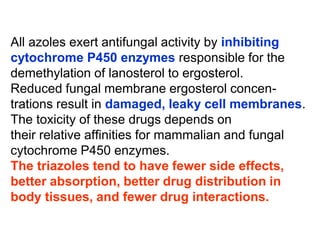 All azoles exert antifungal activity by inhibiting
cytochrome P450 enzymes responsible for the
demethylation of lanosterol to ergosterol.
Reduced fungal membrane ergosterol concen-
trations result in damaged, leaky cell membranes.
The toxicity of these drugs depends on
their relative afﬁnities for mammalian and fungal
cytochrome P450 enzymes.
The triazoles tend to have fewer side effects,
better absorption, better drug distribution in
body tissues, and fewer drug interactions.
 
