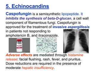 5. Echinocandins
Caspofungin is a semisynthetic lipopeptide. It
inhibits the synthesis of beta-D-glucan, a cell wall
component of ﬁlamentous fungi. Caspofungin is
approved for the treatment of invasive aspergillosis
in patients not responding to
amphotericin B, and itraconazole.
Adverse effects are mediated through histamine
release: facial ﬂushing, rash, fever, and pruritus.
Dose reductions are required in the presence of
moderate hepatic insufficiency.
 