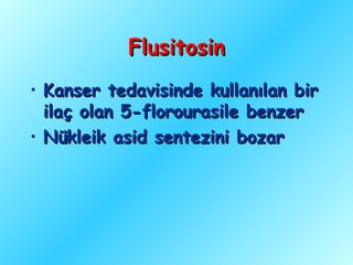 Flusitosin
• Kanser tedavisinde kullanılan bir
  ilaç olan 5-florourasile benzer
• Nükleik asid sentezini bozar
 