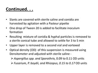 Continued. . .
• Slants are covered with sterile saline and conidia are
harvested by agitation with a Pasteur pipette
• One drop of Tween 20 is added to facilitate inoculum
formation
• Resulting mixture of conidia & hyphal particles is removed to
a sterile conical tube and allowed to settle for 3 to 5 min
• Upper layer is removed to a second vial and vortexed
• Optical density (OD) of this suspension is measured using
Densitometer and adjusted with sterile saline -
Aspergillus spp. and Sporothrix, 0.09 to 0.11 OD units
Fusarium, P. boydii, and Rhizopus, 0.15 to 0.17 OD units
 