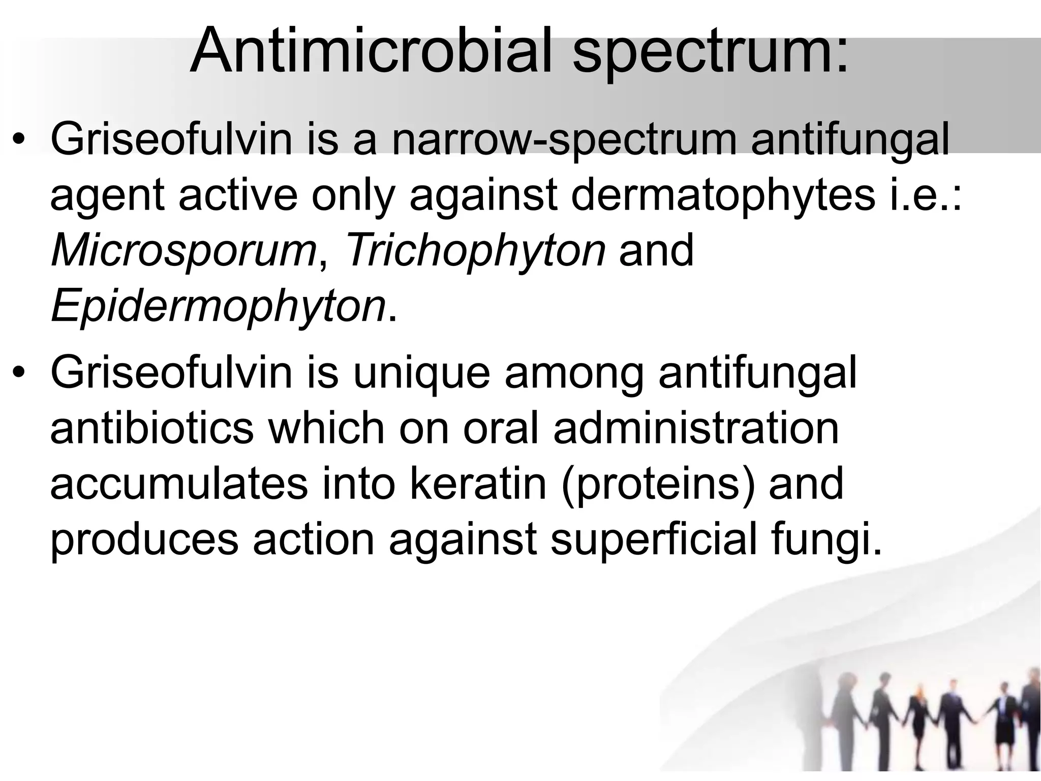 Antimicrobial spectrum:
• Griseofulvin is a narrow-spectrum antifungal
agent active only against dermatophytes i.e.:
Microsporum, Trichophyton and
Epidermophyton.
• Griseofulvin is unique among antifungal
antibiotics which on oral administration
accumulates into keratin (proteins) and
produces action against superficial fungi.
 