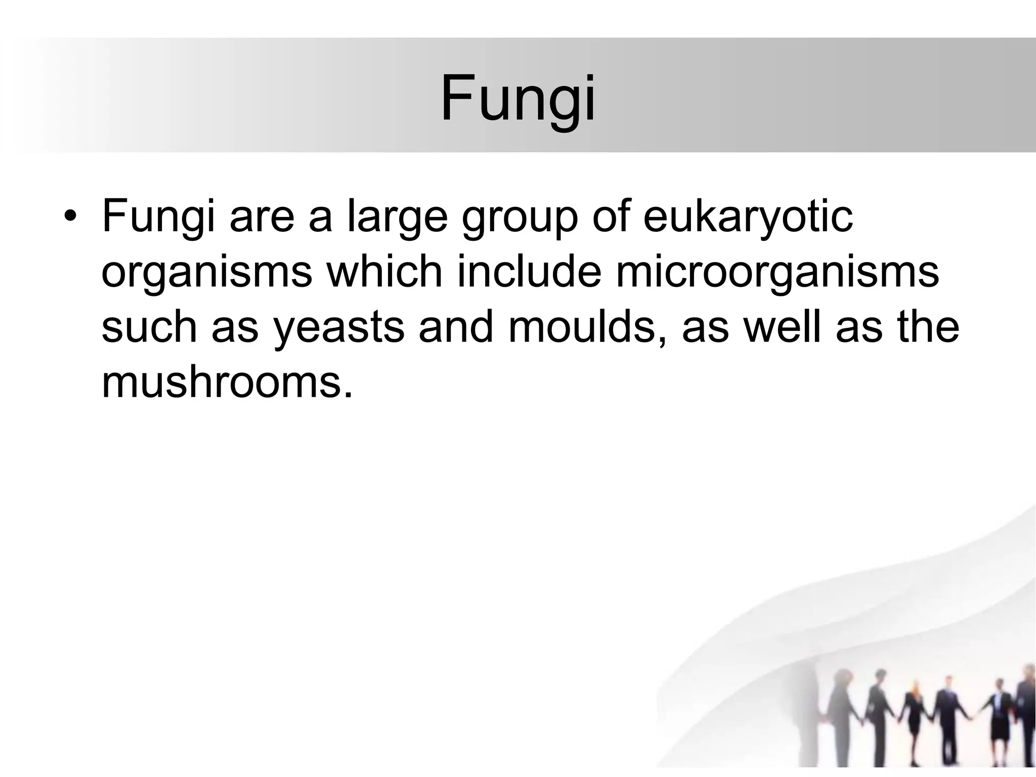 Fungi
• Fungi are a large group of eukaryotic
organisms which include microorganisms
such as yeasts and moulds, as well as the
mushrooms.
 