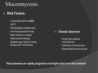 Mucormycosis
 Risk Factors:
 Uncontrolled DM and DKA
 HSCT
 Hematological malignancies
 Immunosuppressive drugs
 Major trauma or surgery
 Deferoxamine therapy
 Breakthrough infection during
therapy with voriconazole
 Disease Spectrum:
 Acute rhino-cerebral
mucormycosis
 Pulmonary mucormycosis
 Disseminated mucormycosis
These diseases are rapidly progressive and highly fatal even with treatment
 