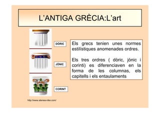 http://www.atenea-nike.com/
DÒRIC
JÒNIC
CORINT
L’ANTIGA GRÈCIA:L’art
Els grecs tenien unes normes
estilístiques anomenades ordres.
Els tres ordres ( dòric, jònic i
corinti) es diferenciaven en la
forma de les columnas, els
capitells i els entaulaments
 