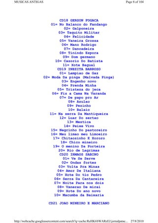 MUSICAS ANTIGAS                                                              Page 8 of 104




                             CD18 GERSON FOGACA
                       01= No Balanco do Fandango
                                02= Galponeira
                            03= Taquito Militar
                                04= Felicidade
                             05= Vaneira Grossa
                              06= Mano Rodrigo
                                07= Dancadeira
                             08= Tinindo Espora
                               09= Dom germano
                          10= Casorio Do Batista
                               11= Xote Bagual
                           CD19 INEZITA BARROSO
                             01= Lampiao de Gaz
                    02= Moda Da pinga (Malvada Pinga)
                               03= Engenho novo
                               04= Prenda Minha
                           05= Tristeza do jeca
                         06= Fiz a Cama Na Varanda
                             07= De papo pro Ar
                                   08= Azulao
                                  09= Pezinho
                                   10= Balaio
                       11= Na serra Da Mantiqueira
                             12= Luar Do sertao
                                  13= Mestica
                                14= Peixe Vivo
                        15= Negrinho Do pastoreiro
                        16= Meu limao meu Limoeiro
                         17= Chitaozinho E Xororo
                              18= Chico mineiro
                         19= O menino Da Porteira
                            20= Rio de Lagrimas
                             CD20 IRMAOS SABINO
                                01= Ve Se Serve
                               02= Ondas fortes
                            03= Volta Pra Minas
                           04= Amor De Italiana
                           05= Xote Do tio Pedro
                          06= Serra Da Cantareira
                          07= Noite Para nos dois
                           08= Vanerao De mirai
                           09= Xote Do ano novo
                          10= Macumba da Baixaria

                       CD21 JOAO MINEIRO E MARCIANO



http://webcache.googleusercontent.com/search?q=cache:ReHK6SWARzEJ:jornalpatac... 27/8/2010
 