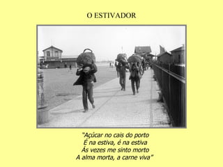 O ESTIVADOR “ Açúcar no cais do porto É na estiva, é na estiva Ás vezes me sinto morto A alma morta, a carne viva”   