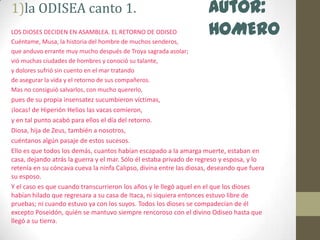 la ODISEA canto 1.LOS DIOSES DECIDEN EN ASAMBLEA. EL RETORNO DE ODISEOCuéntame, Musa, la historia del hombre de muchos senderos,que anduvo errante muy mucho después de Troya sagrada asolar;vió muchas ciudades de hombres y conoció su talante,y dolores sufrió sin cuento en el mar tratandode asegurar la vida y el retorno de sus compañeros.Mas no consiguió salvarlos, con mucho quererlo,pues de su propia insensatez sucumbieron víctimas,¡locas! de Hiperión Helios las vacas comieron,y en tal punto acabó para ellos el día del retorno.Diosa, hija de Zeus, también a nosotros,cuéntanos algún pasaje de estos sucesos.Ello es que todos los demás, cuantos habían escapado a la amarga muerte, estaban en casa, dejando atrás la guerra y el mar. Sólo él estaba privado de regreso y esposa, y lo retenía en su cóncava cueva la ninfa Calipso, divina entre las diosas, deseando que fuera su esposo.Y el caso es que cuando transcurrieron los años y le llegó aquel en el que los dioses habían hilado que regresara a su casa de Itaca, ni siquiera entonces estuvo libre de pruebas; ni cuando estuvo ya con los suyos. Todos los dioses se compadecían de él excepto Poseidón, quién se mantuvo siempre rencoroso con el divino Odiseo hasta que llegó a su tierra.Autor: HOMERO