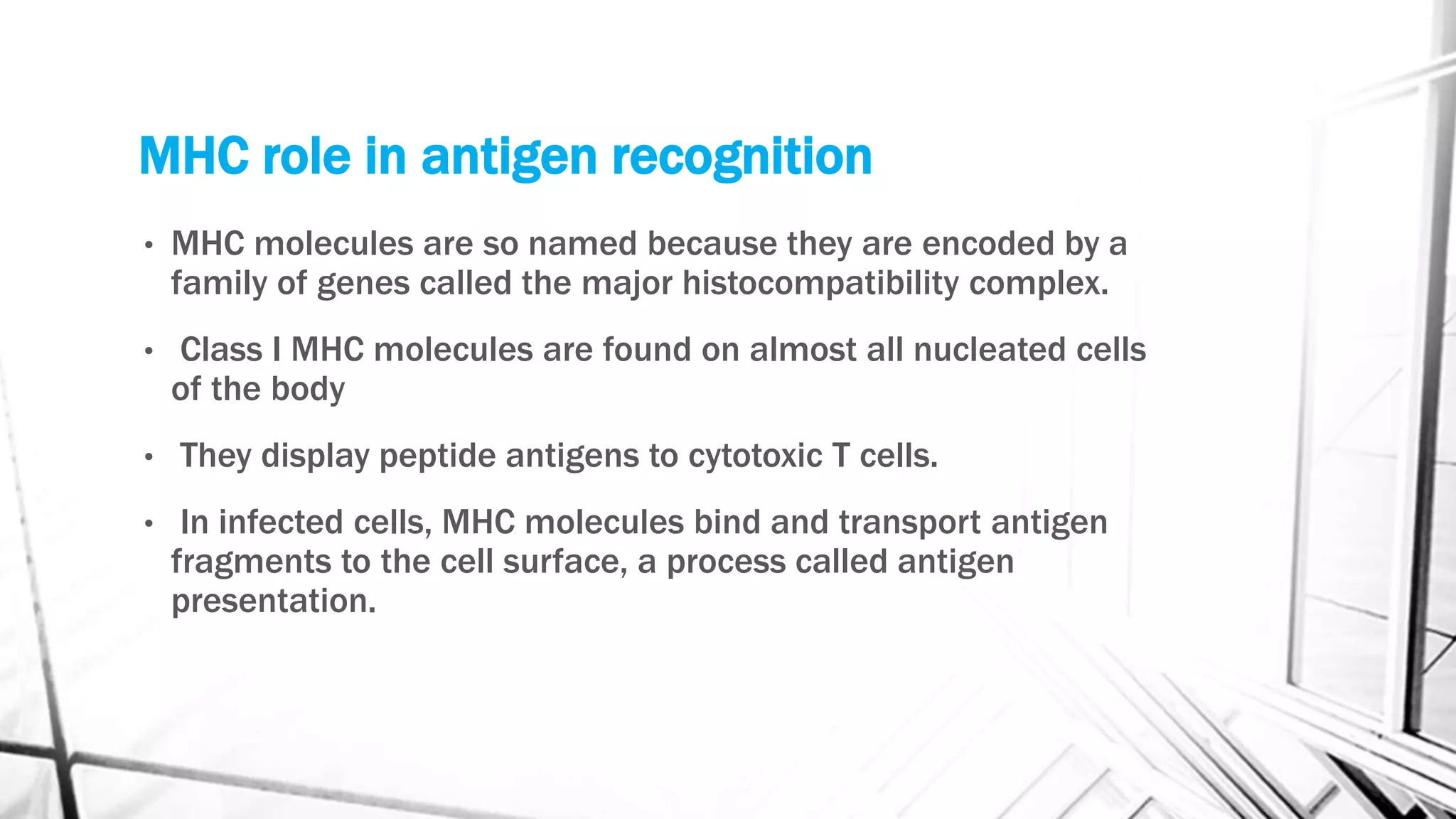 MHC role in antigen recognition
• MHC molecules are so named because they are encoded by a
family of genes called the major histocompatibility complex.
• Class I MHC molecules are found on almost all nucleated cells
of the body
• They display peptide antigens to cytotoxic T cells.
• In infected cells, MHC molecules bind and transport antigen
fragments to the cell surface, a process called antigen
presentation.
 