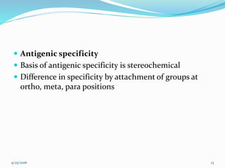  Antigenic specificity
 Basis of antigenic specificity is stereochemical
 Difference in specificity by attachment of groups at
ortho, meta, para positions
9/25/2016 13
 