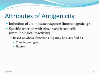 Attributes of Antigenicity
 Induction of an immune response (immunogenicity)
 Specific reaction with Abs or sensitised cells
(immunological reactivity)
 Based on above functions, Ag may be classified as
 Complete antigen
 Hapten
9/25/2016 5
 