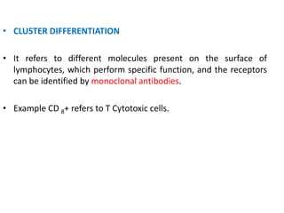 • CLUSTER DIFFERENTIATION
• It refers to different molecules present on the surface of
lymphocytes, which perform specific function, and the receptors
can be identified by monoclonal antibodies.
• Example CD 8+ refers to T Cytotoxic cells.
 