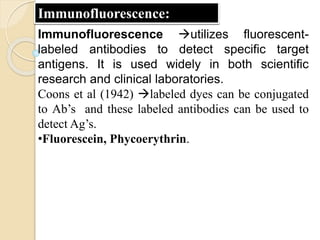 Immunofluorescence utilizes fluorescent-
labeled antibodies to detect specific target
antigens. It is used widely in both scientific
research and clinical laboratories.
Coons et al (1942) labeled dyes can be conjugated
to Ab’s and these labeled antibodies can be used to
detect Ag’s.
•Fluorescein, Phycoerythrin.
Immunofluorescence:
 