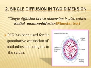 2. SINGLE DIFFUSION IN TWO DIMENSION
“Single diffusion in two dimension is also called
Radial immunodiffusion(Mancini test)”
 RID has been used for the
quantitative estimation of
antibodies and antigens in
the serum.
 