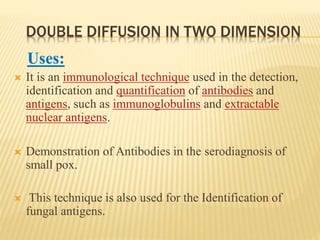 DOUBLE DIFFUSION IN TWO DIMENSION
Uses:
 It is an immunological technique used in the detection,
identification and quantification of antibodies and
antigens, such as immunoglobulins and extractable
nuclear antigens.
 Demonstration of Antibodies in the serodiagnosis of
small pox.
 This technique is also used for the Identification of
fungal antigens.
 