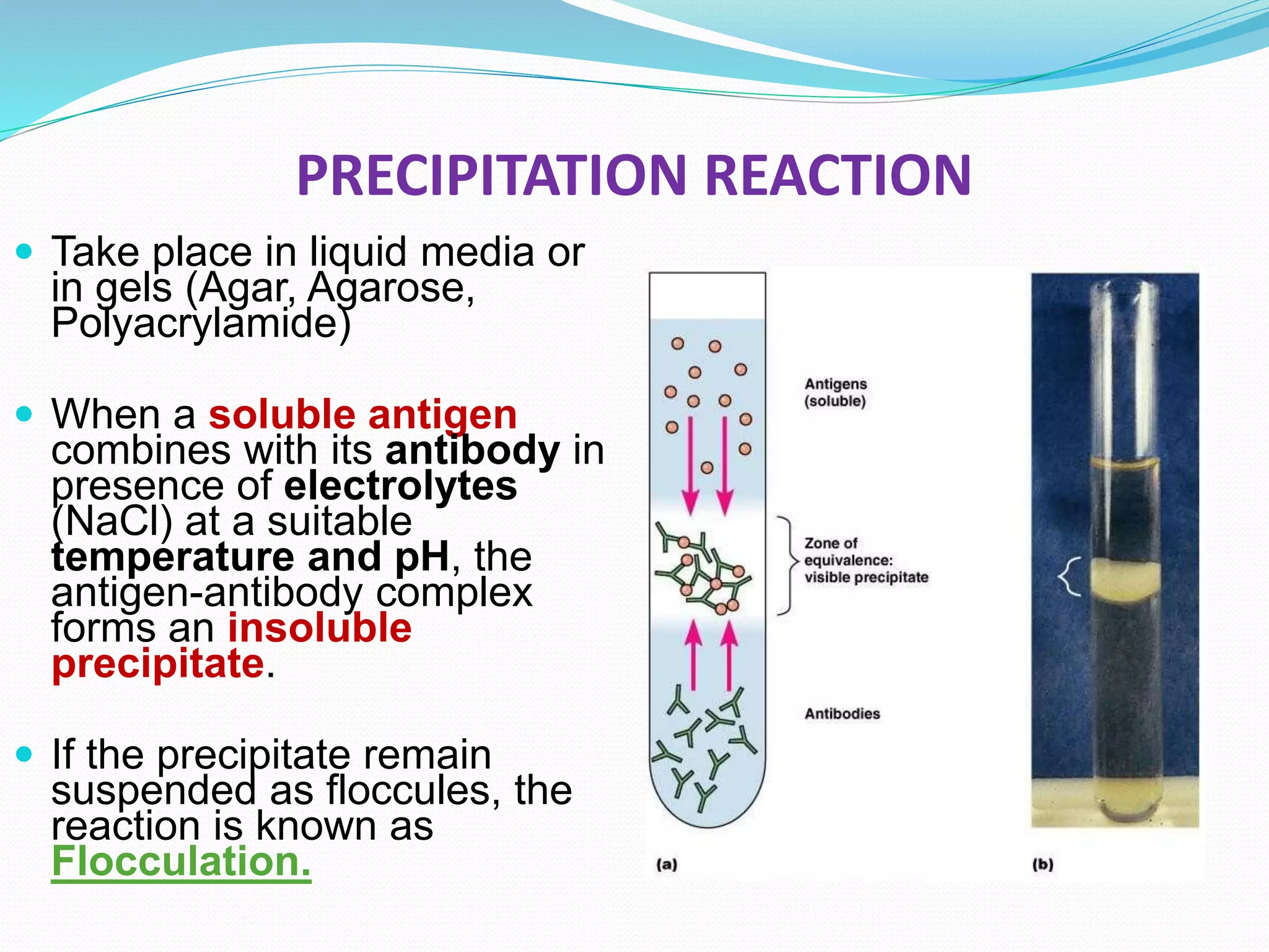 PRECIPITATION REACTION
 Take place in liquid media or
in gels (Agar, Agarose,
Polyacrylamide)
 When a soluble antigen
combines with its antibody in
presence of electrolytes
(NaCl) at a suitable
temperature and pH, the
antigen-antibody complex
forms an insoluble
precipitate.
 If the precipitate remain
suspended as floccules, the
reaction is known as
Flocculation.
 