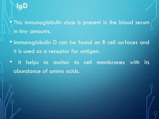 IgD
• This immunoglobulin class is present in the blood serum
in tiny amounts.
• Immunoglobulin D can be found on B cell surfaces and
it is used as a receptor for antigen.
• It helps to anchor to cell membranes with its
abundance of amino acids.
 