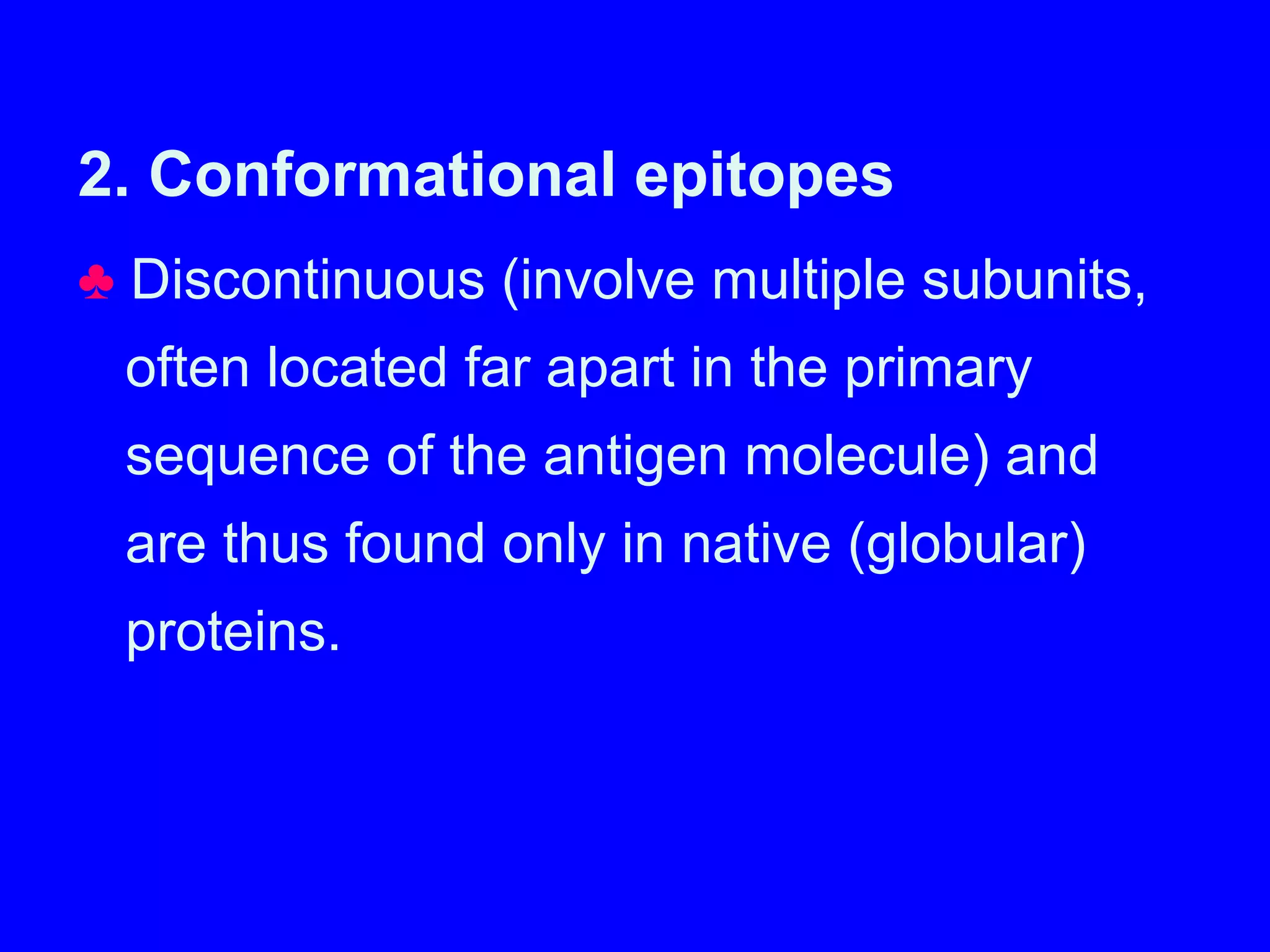 2. Conformational epitopes
♣ Discontinuous (involve multiple subunits,
often located far apart in the primary
sequence of the antigen molecule) and
are thus found only in native (globular)
proteins.
 